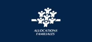 Logo Allocations Familiales avec symbole famille stylisé en blanc sur fond bleu