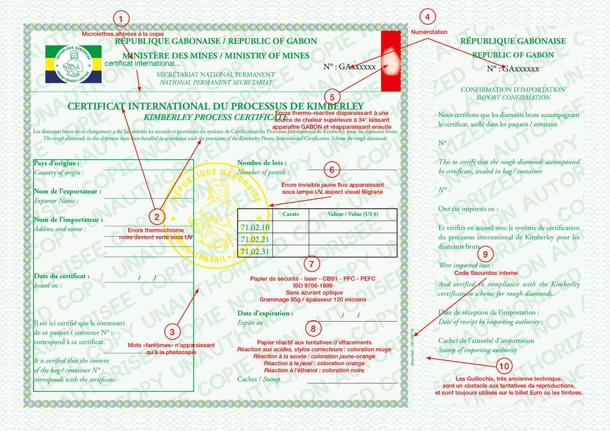 Certificat international Processus de Kimberley Gabon sur papier sécurisé avec microlettres, encres thermo-réactives et UV, mots fantômes à la copie, guillochis, réactions chimiques et code Securidoc pour protection anti-contrefaçon et traçabilité diamants bruts