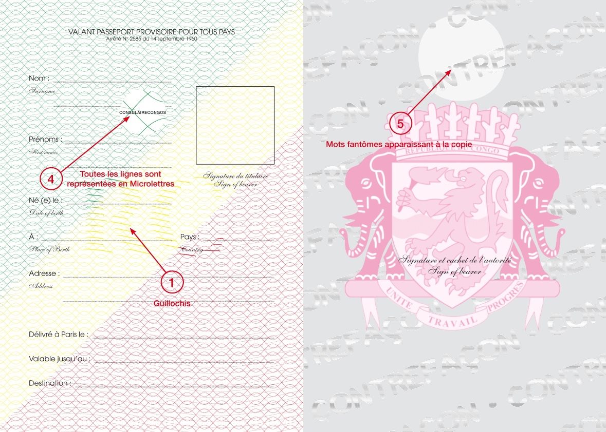 Exemple de faux passeport provisoire de la République du Congo avec guillochis et mots fantômes "CONTRÉFRANCE" apparaissant à la photocopie – éléments de sécurité typiques des contrefaçons