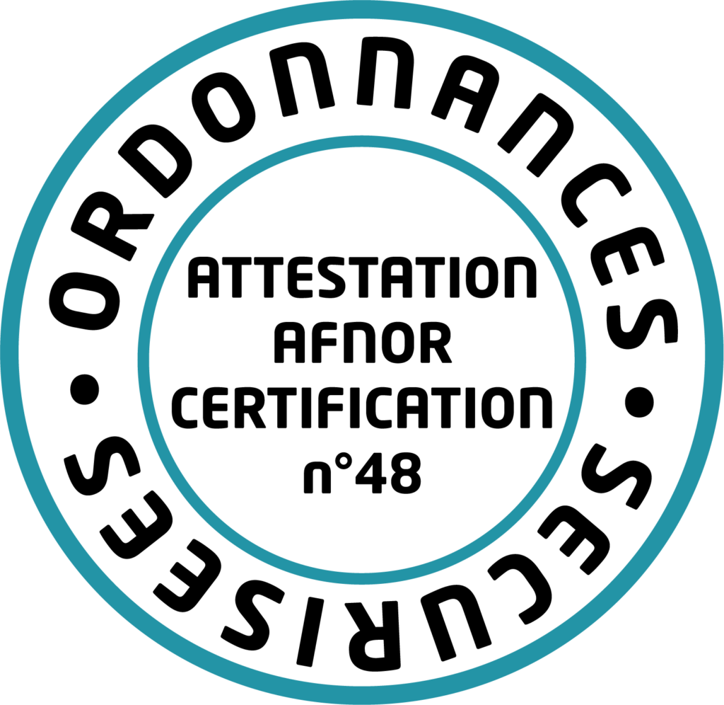 Sceau de certification AFNOR n°48 pour ordonnances sécurisées. Logo circulaire avec texte "Ordonnances Sécurisées" et "Attestation AFNOR Certification n°48".