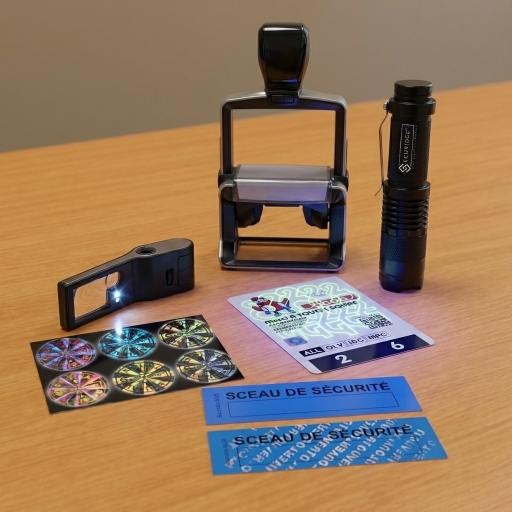 Matériel de sécurité Securidoc : Tampon Securistamp, lampe UV haute précision, hologrammes sécurisés et scellés de sécurité.